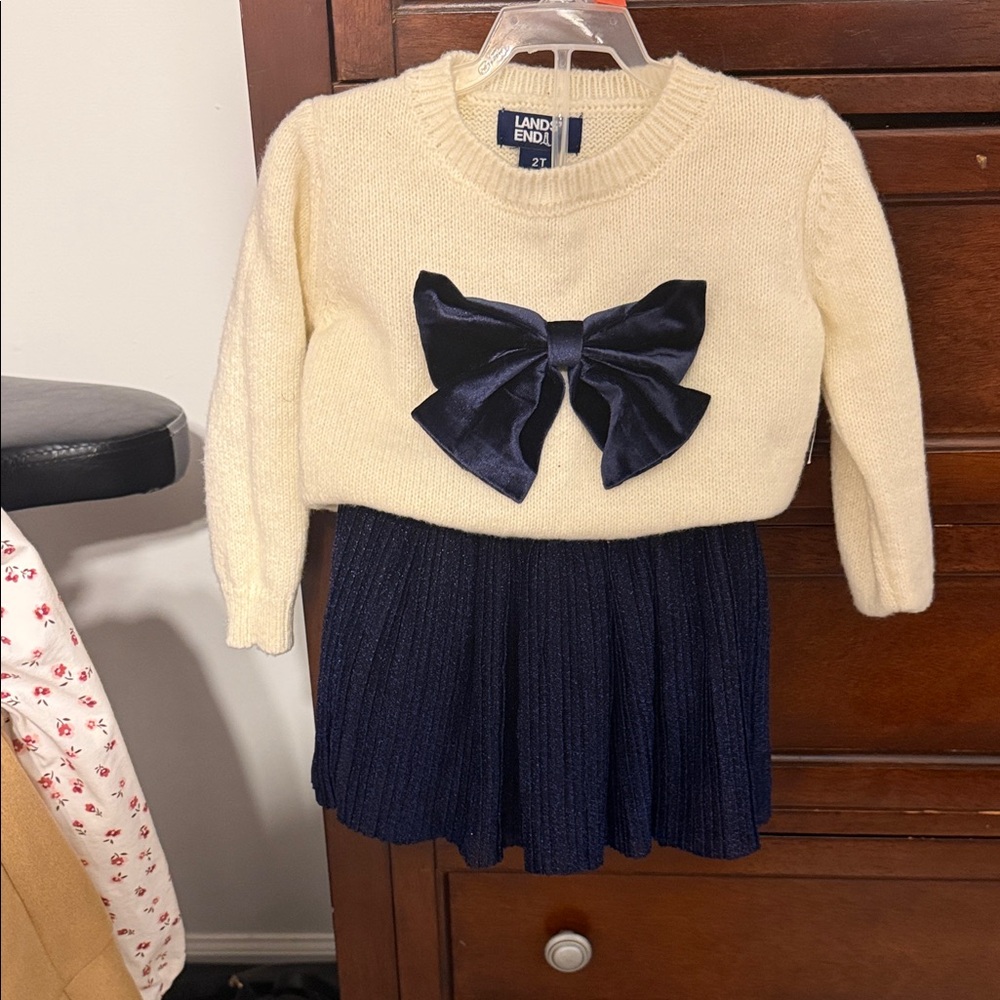 Lands' End Cream Sweater with Navy Bow and Navy Skirt - Kids